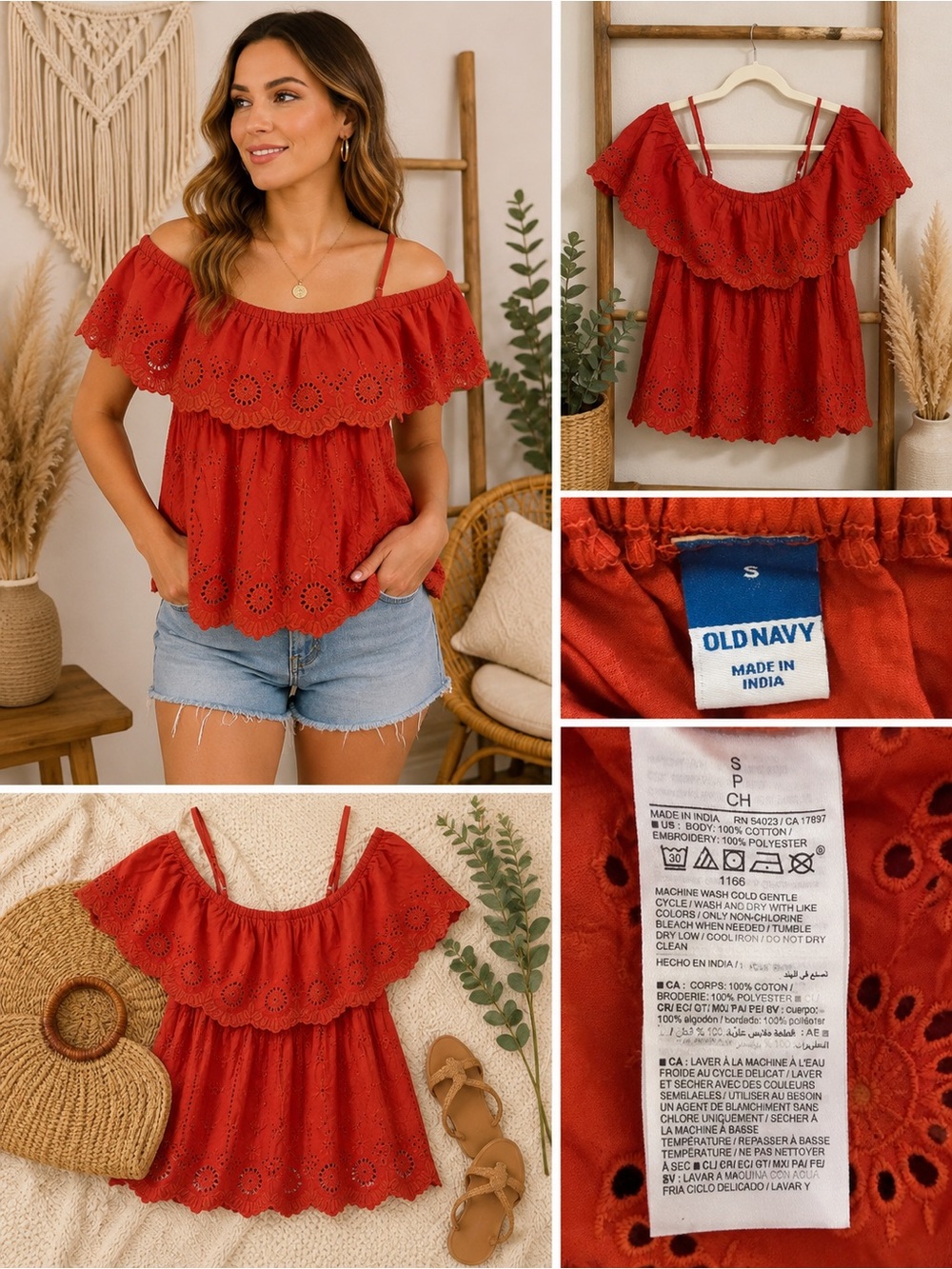 NWT Old Navy Women’s Red Off-Shoulder Eyelet Ruffle Top Size M
